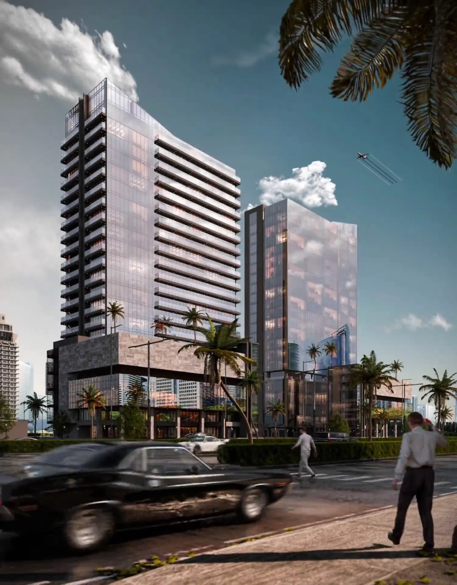 Office Tower Visualization cinematic street-level render